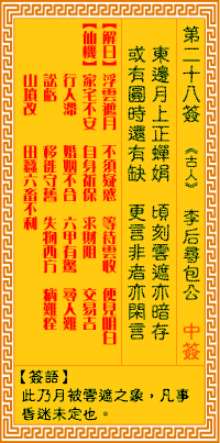 <h3>观音灵签第28签：李后寻包公